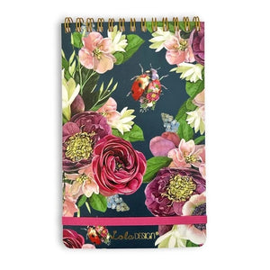 If you like taking notes like we do, you'll love our new reporter-style top spiral notepads!  This navy cover has an adorable ladybird/ladybug in the center of purple, pink, white and blue flowers.  We love that it has a pink elastic closure below to keep everything together!  150 Pages.  Approximately 4.5"W x 7.25"H