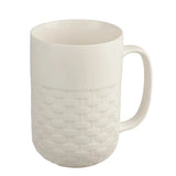 This 15oz Weave tea infuser mug is made from new bone china and has a blue silicone top. The exterior of the tea infuser mug features a weave-textured design. The top part of the mug where you drink is a smooth finish. The mug's interior is white, allowing you to see the color of the tea. The mug includes a stainless steel filter for loose-leaf tea and tea bags. The mug has a comfortable handle and a nice weight and feel. It is not too heavy. The handle does not get hot in the microwave.