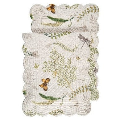 We love this botanical print with whimsical butterflies, dragonflies, and fresh greenery in a soothing colorway of fern green, gold, and beige that will bring you back to nature in the comfort of your own home. Reverses to a simple fern green damask on a cream pattern for additional styling options.  Machine wash cold and tumble dry low for easy care.  14