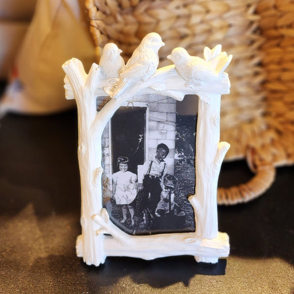 Highlight a special memory or family photo with this lovely matte white bird and branch photo frame that'll be cherished in your home for years to come! Three birds are perched on the top of this pretty branch frame.  This rectangular bird frame fits a 4