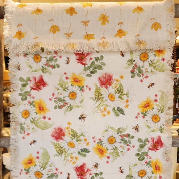 You'll love this beautiful table runner, it's a perfect piece to bring in some instant sunshine!  We love the pink and yellow flowers scattered in with white daisies and bumble bees - so very happy!  Cotton  55