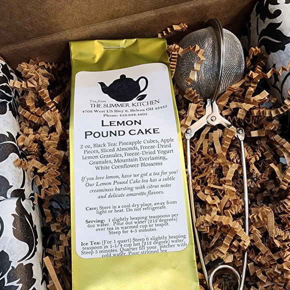 Get or give the gift of TEA!  Inside our Tea-Riffic Tea Box is our Lemon Pound Cake black tea for you to indulge in with a snap mesh tea ball to brew your tea in,  Everything comes wrapped up in our black and white floral tissue paper with crinkle in a box - go ahead and make someone's day!