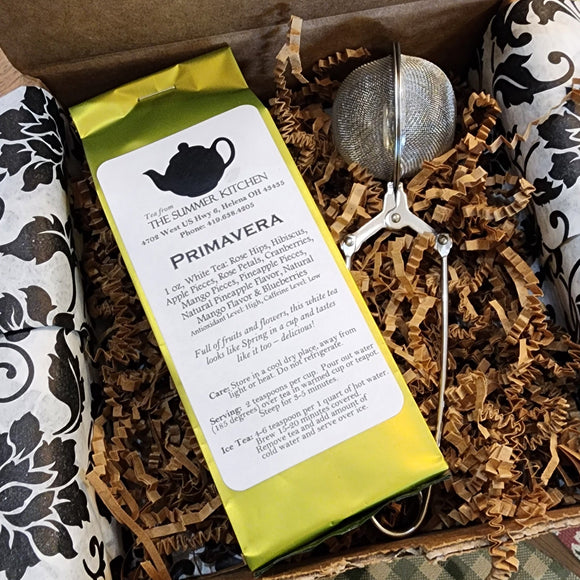 Get or give the gift of TEA!  Inside our Tea-Riffic Tea Box is our Primavera white tea for you to indulge in with a snap mesh tea ball to brew your tea in,  Everything comes wrapped up in our black and white floral tissue paper with crinkle in a box - go ahead and make someone's day!