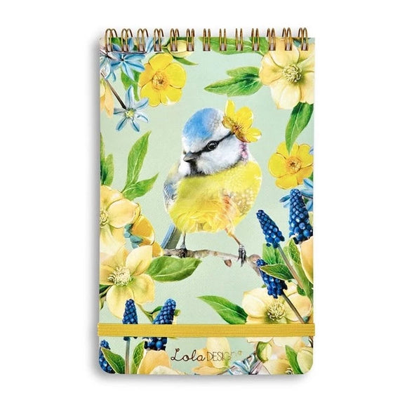 If you like taking notes like we do, you'll love our new reporter-style top spiral notepads!  This turquoise cover has an adorable blue tit in the center of yellow, cream, and blue flowers.  We love that it has a yellow elastic closure below to keep everything together!  150 Pages.  Approximately 4.5