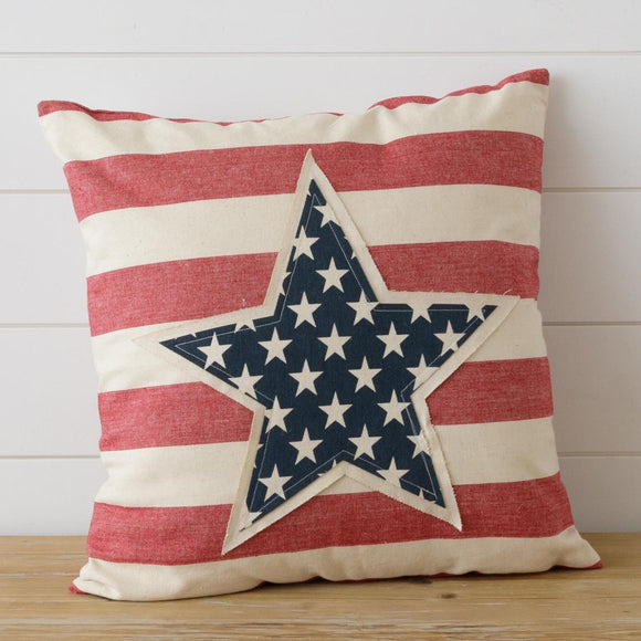 <p>What a great pillow to bring some red, white, and blue to your home! This bold cream and weathered red striped pillow has a large star in a navy and white star fabric with a white border sewn on the front of the pillow—gorgeous!</p> <p><span>18