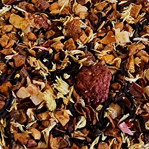 Lovely! Delicious notes of dark chocolate with light edges of early-season strawberry.&nbsp;&nbsp; A sumptuous mélange of dried fruits, flowers &amp; natural flavors.  2 oz, Fruit Tea: Apple + Papaya Pieces, Strawberry Slices, Cocoa Beans, Rosehip, Hibiscus, Cornflower Petals, Natural Flavors.