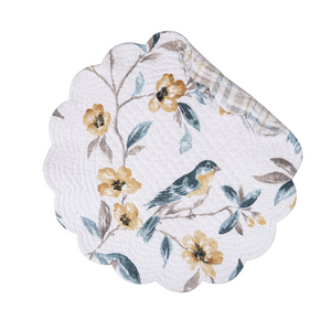 Brighten your dining room, living room, or kitchen with this bluebird placemat. Featuring painterly bluebirds perched atop twigs and yellow flowers, this cotton runner is sure to bring a fresh and cheerful vibe to your table. Reverses to a blue and yellow plaid for additional styling options. Crafted of cotton and machine washable for easy care. 17"L x 17" W x 0.3" H