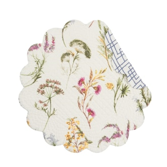 This quilted placemat quickly brings happiness to your home with an elegant botanical design. A large-scale floral botanical with vibrant yellow, pink, and blue blooms on a warm cream-white background easily brighten any tablescape. Finished with a scalloped edge, this tabletop collection is crafted of 100% cotton and hand-guided machine quilting.