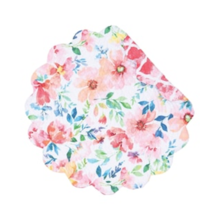 This placemat will put a little happiness in your home with its vibrant watercolor leaves and blooms in shades of pink, yellow, green, and blue on one side and a pretty pink and white design on the back.  It will put a pop of color in your breakfast nook, kitchen bar, or dining room. Finished with a scalloped edge, this placemat is crafted of 100% cotton and hand-guided machine quilting.