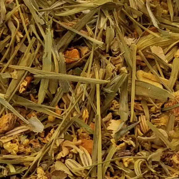 This delicious herbal tea opens with notes of curry and finishes with lightly herbaceous cardamom sweetness.  2oz, Herbal tea: Turmeric Root, Fennel, Bamboo Leaves, Orange Pieces, Elder Flowers, Linden Flowers, Cardamom, Dandelion Leaves, Burdock Root, Natural Flavorings (Organic Compliant)       