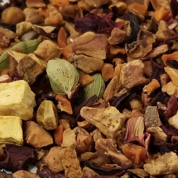 Cozy on up with this delicious savory tea with a lightly sweet finish ~ a new Summer Kitchen Girl favorite!  2oz, Herbal Tea: Apple + Carrot pieces, Hibiscus, Cinnamon, Pomegranate Peel, Beet pieces, Cardamom, Sea Buckthorn, Pumpkin (Organic Compliant)       