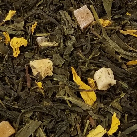 Memories of the Copacabana Beach in Rio. Papaya pieces, sunflower petals and criminally exotic passion fruit notes infuse superior green tea.  2oz, Green Tea:  Green tea, Papaya pieces, Sunflower petals, Natural flavors (Organic Compliant)  Antioxidant level: High  Caffeine Content: Low