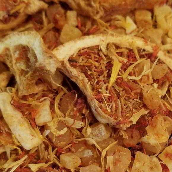 Feelin' fruity? We've got the tea for you! This tisane is based on extra-large flakes and cubes of juicy, exclusively exotic fruits.   2oz. Pineapple cubes (pineapple, sugar), mango cubes (mango, sugar), orange peel, freeze-dried tangerine pieces, safflower, freeze-dried strawberry pieces, and marigold blossoms.