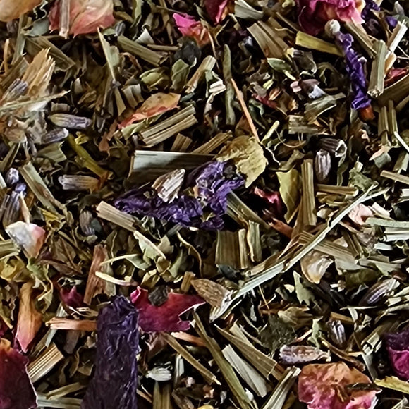 Our Head Harmony has mellow rooibos paired with soothing spearmint and lavender. Finishes with aromatic therapy lemon and rose.  Your head with thank you!   1 oz, Rooibos, Spearmint, Lemongrass, Nettle, Lavender, Passion Flower,  Lemon Verbena, Rose petals, Willow Bark, Plum + Mallow Petals