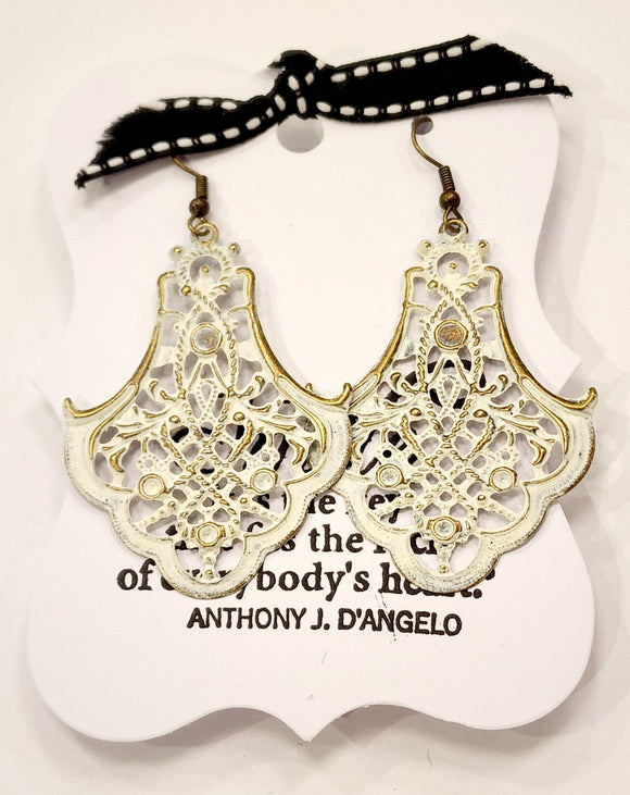 Chandelier filigree earrings in a lightweight vanilla finish and are so comfortable to wear!  Lead-free, Nickle free  Approximately 2.75
