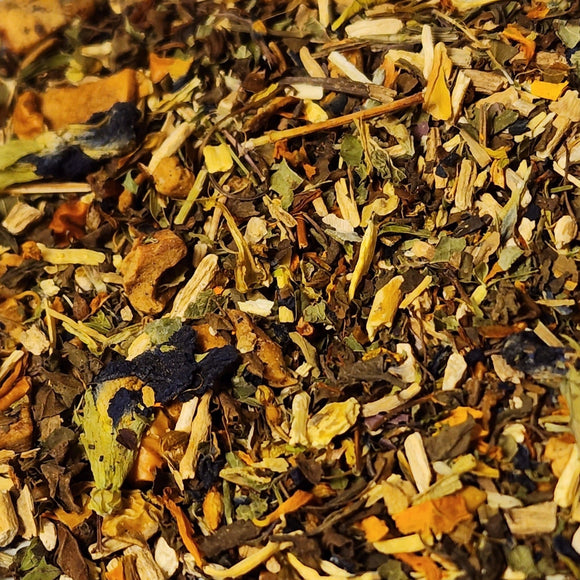 Soothing herbaceous flavors tempered by delicate strawberry and light citrus will brew a beautiful teal cup of tea that will surely put a smile on your face!  2 oz Herbal: Apple, Ashwagandha Root, Tulsi, Lemon Balm, St. John’s Wort, Butterfly Blue Pea Flowers, Marigold Petals, Natural Flavors.