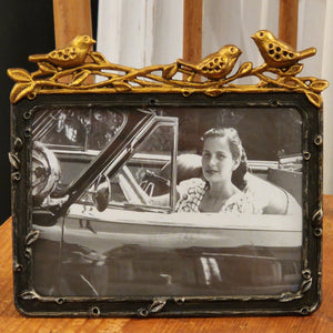 You'll love putting one of your treasured photos in our horizontal bird frame!  The frame is pewter with three gold leaf birds sitting on branches on the top of the frame ~ beautiful!  Approximately 5.5" wide x 5" high  Holds a 5" w x 3.5" h photo