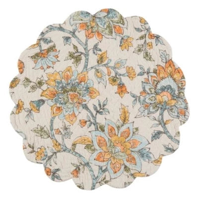 We are in love with our newest scalloped placemat in fun summer colors of blues, oranges, yellows, and greens on a white background ~ so fresh!! It reverses to turquoise blues, yellows, and white striped pattern for additional styling options!!  Machine wash cold and tumble dry low for easy care.  17