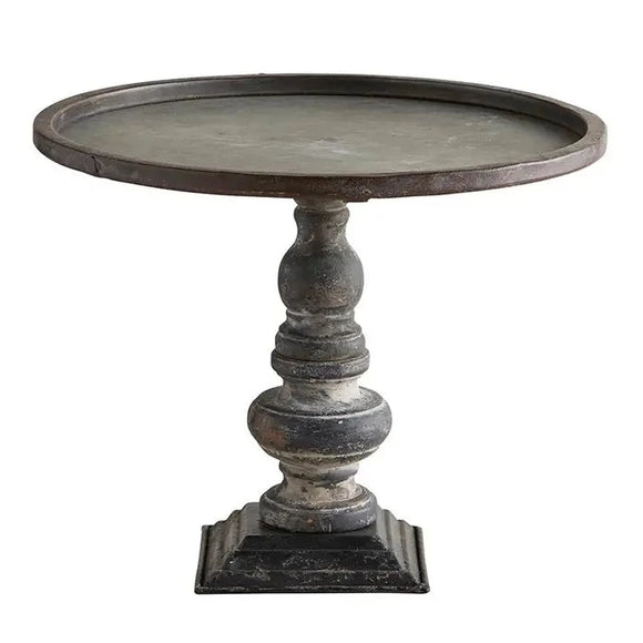 This stand will be so fun to decorate with!  The distressed black metal base holds a round galvanized tray with an accent brown distressed metal rim around the outer edge.   Metal  11.25