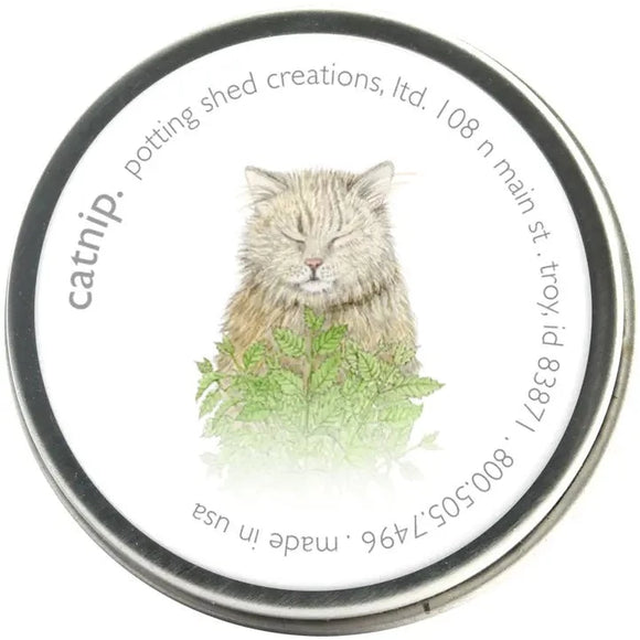 Our version of a seed packet, but in a reusable tin made from recycled US steel. Grow Catnip {Nepeta cataria} on a windowsill or any sunny spot indoors, year-round.  A member of the mint family, catnip attracts cats, both domestic and wild. If fresh, the leaves and stems need bruising to release their oils, or you can dry and crush them as a special treat to help relieve boredom for your cat. Includes organic seed, reusable, recycled US steel tin, and directions. Tin 2