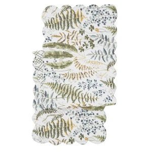This beautiful quilted runner will bring happiness to your home with a gorgeous botanical design in greens, blues, and gold on a white background. It reverses to a green geometric design on top of a white background. It will easily brighten any tablescape. Finished with a scalloped edge, this tabletop collection is crafted of 100% cotton and hand-guided machine quilting.  Machine wash cold and tumble dry low for easy care.  14" l x 51" w x 0.5" h