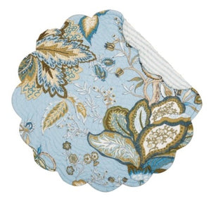 Fresh and floral! We love this new style of placemats with beautiful blues, beige, and white. This Jacobean floral design will remind you of warm weather and new beginnings year-round. Reverse to a blue striped pattern for additional styling options!! Crafted of cotton and machine washable for easy care. Finished with a scalloped edge, this placemat is crafted of 100% cotton and hand-guided machine quilting.  Machine wash cold and tumble dry low for easy care.  17"L x 17" W x 0.3" H
