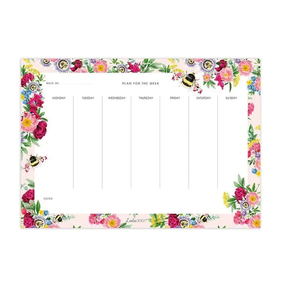 Get organized & plan your entire week out! This beautiful planner has a pink border with garden flowers and bumble bees all around it. The center is white and has a place up top to write the date of the week in the upper left corner.  In the center, it says 