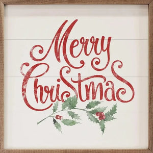 We love this sweet little sign! It has "Merry Christmas" in red cursive font with a holly branch with berries below. It will be the perfect addition to your holiday decor!  It is made from high-quality American hardwood planks with a hand-painted face, printed with UV-cured ink, and framed in a natural walnut frame. Each piece is unique with its own personality, marks, wood grain, and look. Easy to clean with a dry cloth.  Made in the USA  4" x 4" x 1"