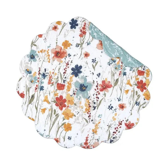 This placemat is such a fun & fresh pattern for your table! Create an eye-catching display with its watercolor wildflowers of vivid coral, yellow, aqua, and blue. This cotton placemat reverses to an abstract aqua and white floral pattern for a more subdued statement. Crafted of cotton and machine washable for easy care. Finished with a scalloped edge, this placemat is crafted of 100% cotton and hand-guided machine quilting.