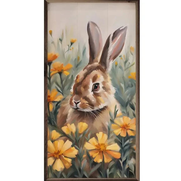 We are smitten with this sweet brown bunny nestled in a field of yellow marigolds!  This unique piece is a simple way to bring beauty and charm to any wall or shelf within the home. It is made from high-quality American hardwood planks with a hand-painted face, printed with UV-cured ink, and is framed in a natural walnut frame. 