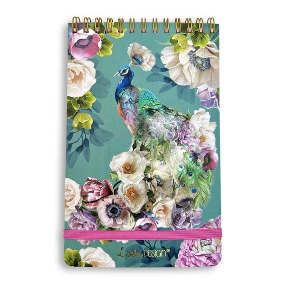 If you like taking notes like we do, you'll love our new reporter-style top spiral notepads!  This teal cover has a beautiful peacock in the center of white, pink, and purple flowers.  We love that it has a pink elastic closure below to keep everything together!  150 Pages.  Approximately 4.5