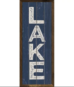Show some LAKE love, why don't you?!!  Our fun pallet sign has a blue background with the word "LAKE" going down in a white distressed block font with a wooden frame.  It is made from high-quality American hardwood planks with a hand-painted face, printed with UV-cured ink, and framed in a natural walnut frame. Each piece is unique with its own personality, marks, wood grain, and look. Easy to clean with a dry cloth.  Made in the USA.  8" x 24" x 1.5"