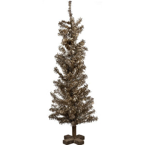 We love this antiqued silver tree that brings sweet Christmases past to mind!  It will be perfect with some treasured little vintage bulbs or by itself!  9" Diameter x 23.50" Wire, Tinsel, Wood, Glitter