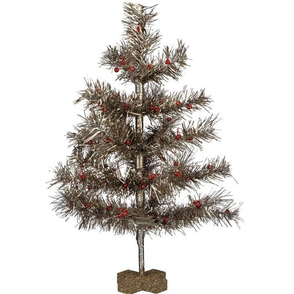We love this silver tinsel tree with red balls decorating its branches.  It brings sweet Christmases past to mind!  It will be perfect with some treasured little vintage bulbs or by itself!  14