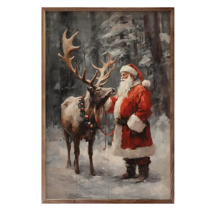 We just love this Santa giving his favorite reindeer a scratch in the snowy forest.&nbsp; It's a beautiful piece of artwork that you will enjoy year after year!  Each piece is unique, with its own personality, marks, wood grain, and look.  Clean with a dry cloth.  Made in the USA  10" W x 16" H x 1.5" D