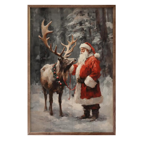 We just love this Santa giving his favorite reindeer a scratch in the snowy forest.  It's a beautiful piece of artwork that you will enjoy year after year!  Each piece is unique, with its own personality, marks, wood grain, and look.  Clean with a dry cloth.  Made in the USA  10