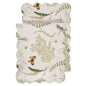 We love this botanical print with whimsical butterflies, dragonflies, and fresh greenery in a soothing colorway of fern green, gold, and beige that will bring you back to nature in the comfort of your own home. Reverses to a simple fern green damask on a cream pattern for additional styling options.  Machine wash cold and tumble dry low for easy care.  14" l x 51" w x 0.5" h