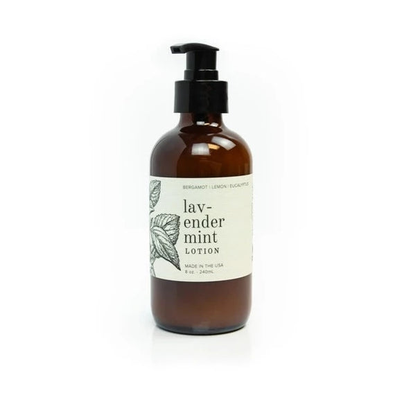 This lavender mint hand lotion is a spin on the classic lavender scent. Hints of garden mint tone the bold fragrance of lavender and is complimented with a touch of lemon, eucalyptus, and bergamot oil.   Reusable glass bottle with plastic lid and pump.  Scent Notes: Bergamot | Lemon | Eucalyptus Lavender Mint