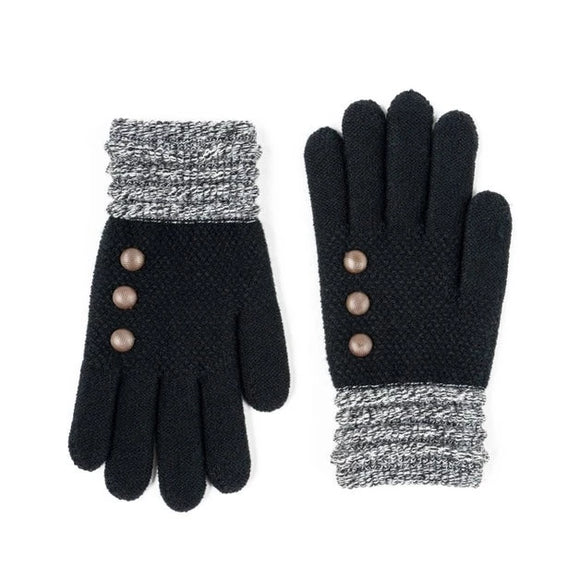 ay hello to the most comfortable gloves you'll ever own! These adorable black gloves feature a coordinating ruched wrist cuff and wooden button accents. They are made of stretch knit with an unbelievably soft brushed knit interior.