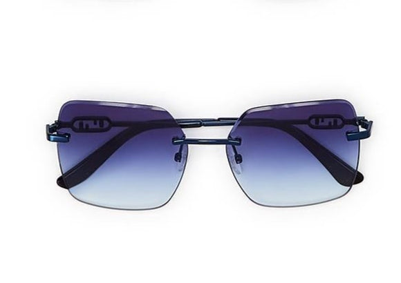 These deep navy frameless lenses give you a cool & calming feeling while offering a little bit of color while keeping an iconic look!  With 100% UV protection and an iridescent blue coordinating hard case, you'll love these sassy specs!  Metal/Polycarbonate  sunglasses: 5 1/2