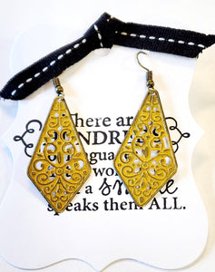 These fanciful pendulums sway like a dancer. Lightweight feel with a solid look.  Total drop length is 2 3/8", 7/8" wide.  Hand Painted in a Sunflower Yellow color. Lead & Nickle Free.