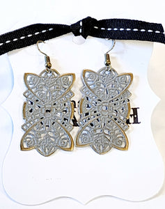 Rectangle in shape these filigree earrings are big on style. These sweet earrings are the perfect size and will get you all the compliments!  2 1/2" drop.  Hand-painted in ash grey. Lead and nickel free