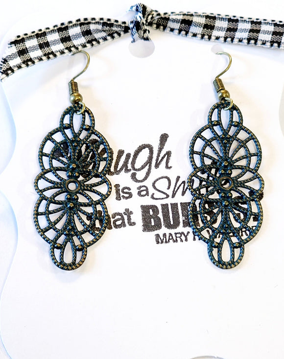These earrings are amazingly lightweight and full of style!  Hand-painted in peacock blue and then distressed. Lead and Nickel free.  2.25