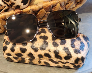 You'll absolutely love the looks of our graphite metal framed sunglasses!  Included is our animal print hard case to keep your sunglasses in!  2"L x 5 1/2"W x 1"H   Metal/Polycarbonate