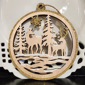 Wooden Deer Ornament: Glitter Snowflake