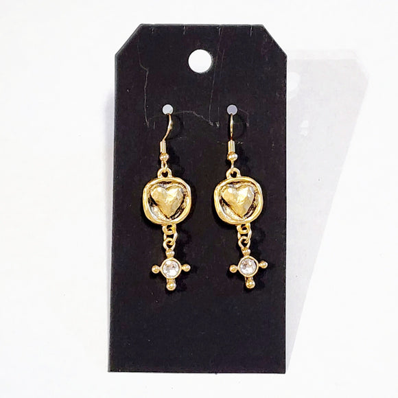 Not too big and not too small, these earrings are just right and perfect for every day! Gold earrings with a beautiful heart design in the center and a dangling gold piece with a little bling in the center ~ fabulous!  Approximately 2