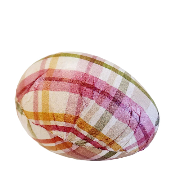 We love these happy wooden eggs! This one is decoupaged with a pink, green, and yellow plaid on a white background.  Wood & Paper  1.50