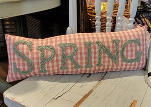 What a sweet vintage vibe this "Spring" pillow has!  The word SPRING is in a green chenille on top of the cutest little pink and cream checked background.    6" H x 18" W  Cotton