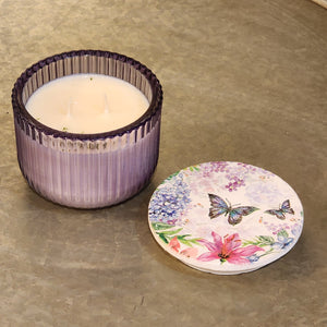<p><span>You'll love our newest candle style and size! This fresh strawberry candle has been poured into a pretty lavender</span><span style="font-size: 0.875rem;">-patterned glass and comes with a butterfly or hummingbird lid.</span></p> <p><span>Ripe Strawberries blended with sugary sweetness will have you craving a strawberry milkshake!</span></p> <p>&nbsp;</p>