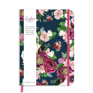 A beautiful journal to write your thoughts in! It is navy with blue, purple, white, and pink flowers on the front, with several ladybirds/ladybugs among the flowers.&nbsp; Dark pink elastic helps keep it closed when you're not writing in it. It also has a dark pink ribbon bookmark attached to help you keep track of where you are at!
